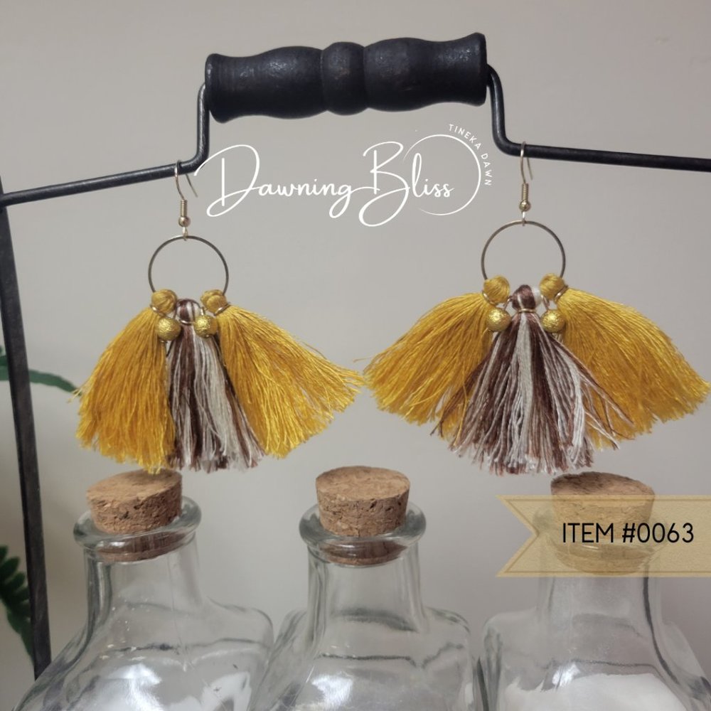 Fall Fringe Dangle Hoop Earrings- Gold Brown Yellow Bead- Tineka Dawn